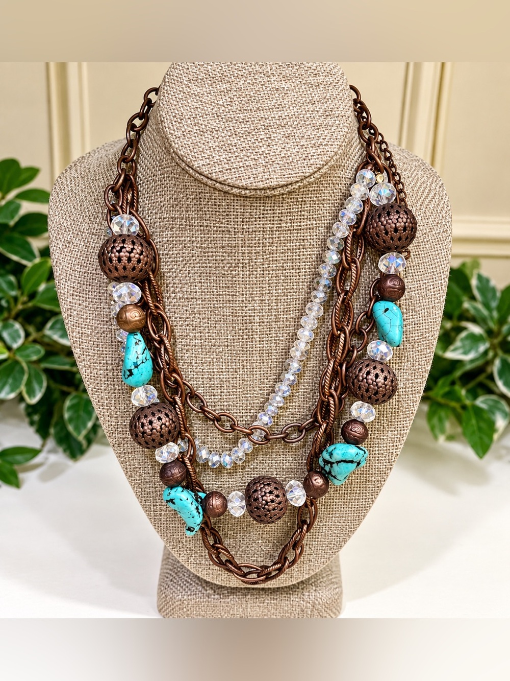 Bronze Multi Strand Necklace Turquoise Crystal Beaded Boho Statement Jewelry
